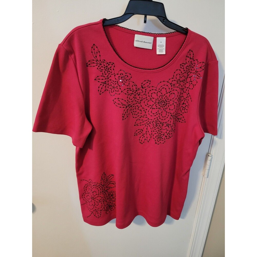 NWOT Alfred Dunner Pink Blk Floral Sequins Shirt Sz Medium